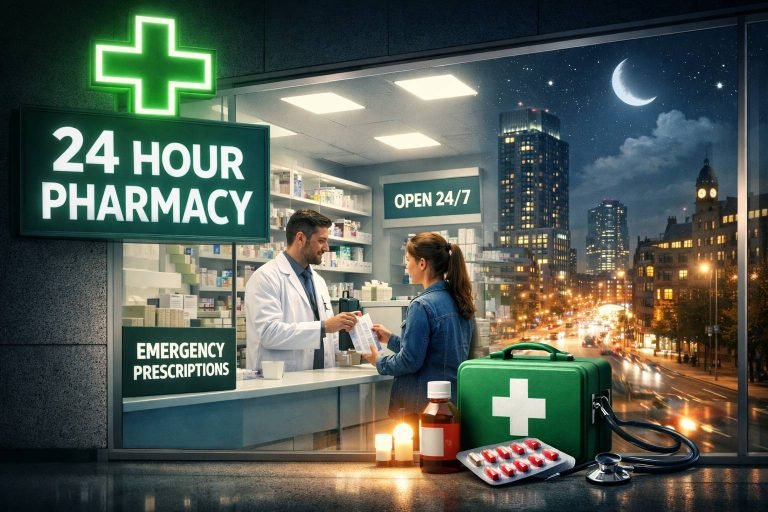 24 hour pharmacy in Manchester city centre providing emergency medicines and late-night healthcare services