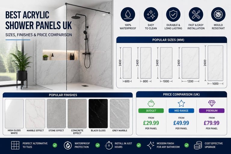 Best acrylic shower panels UK with modern bathroom wall panel finishes and size comparison