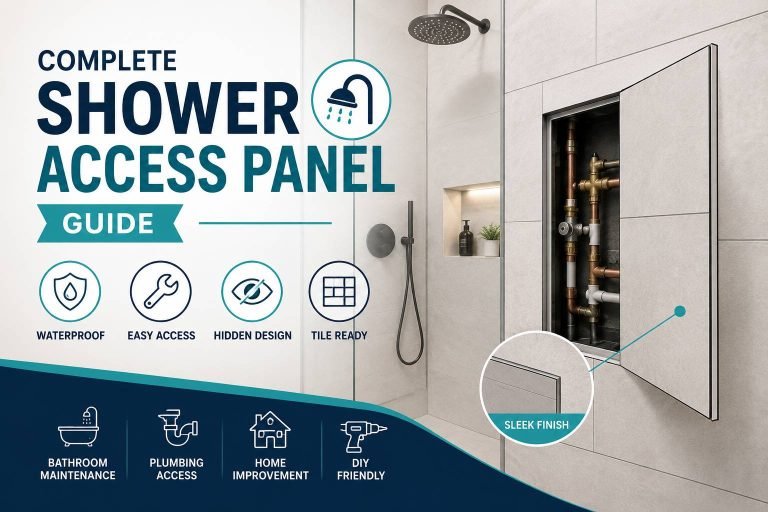 Modern shower access panel installed in a contemporary bathroom wall