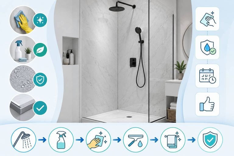 How to clean and maintain shower wall panels with proper cleaning tools and maintenance techniques in a modern UK bathroom