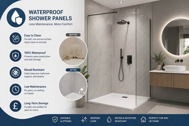 Modern bathroom featuring waterproof shower panels that reduce cleaning and maintenance requirements