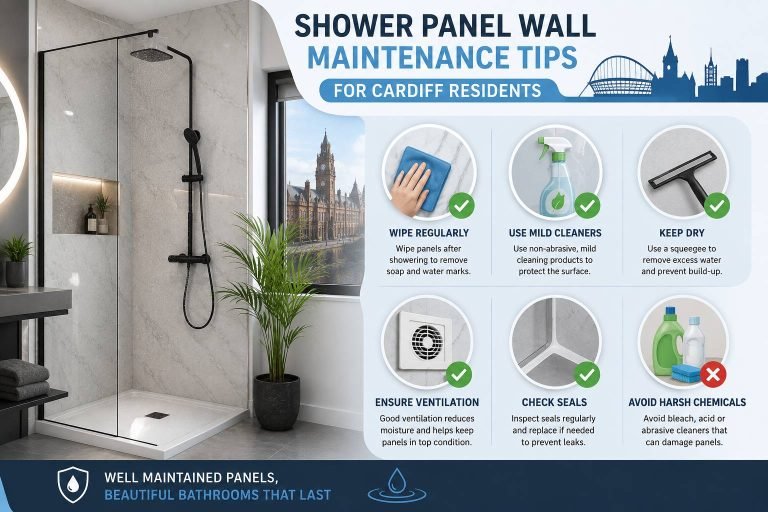 Modern bathroom with shower panel wall maintenance tips for Cardiff residents including cleaning, ventilation and seal checks