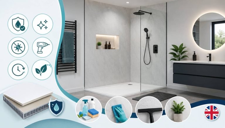 Modern UK bathroom with clean waterproof shower panels wall and maintenance accessories