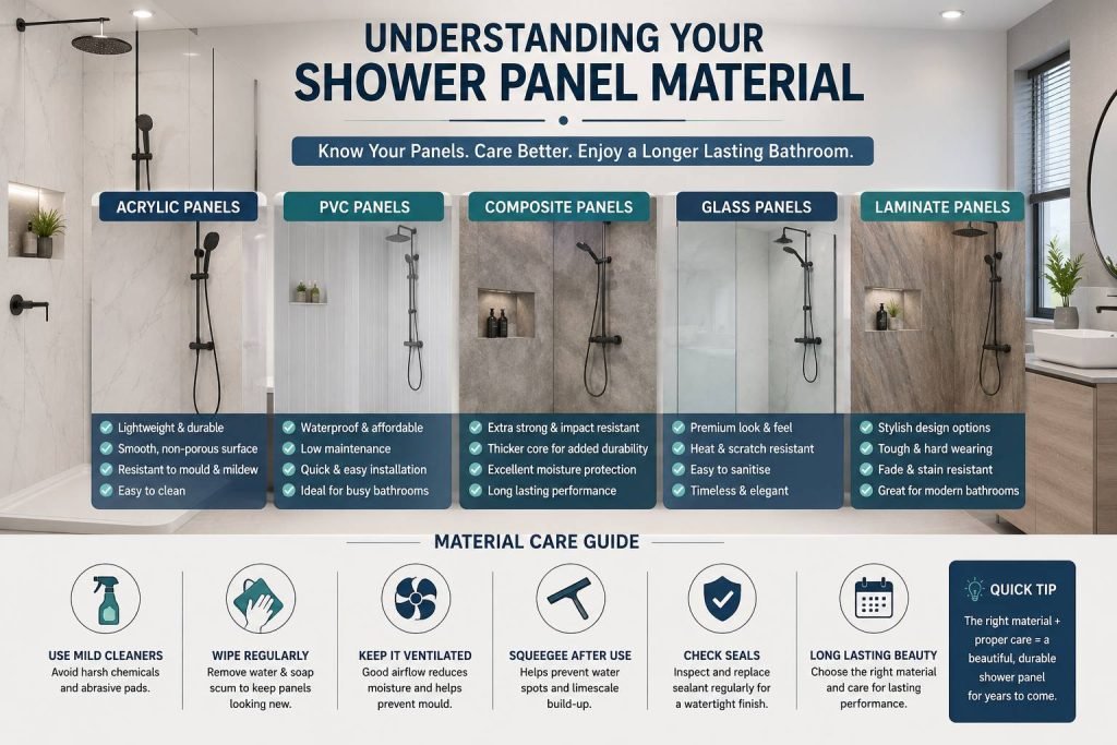 Infographic explaining different shower panel materials including acrylic, PVC, composite, glass and laminate panels