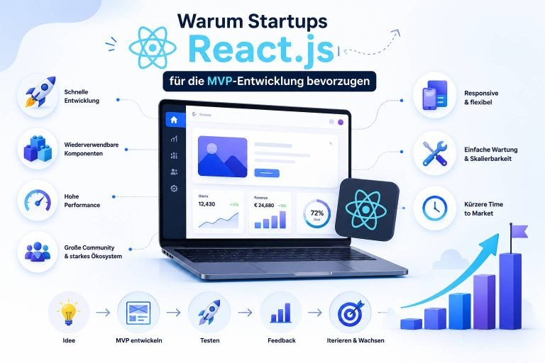 Warum Startups React.js für die MVP-Entwicklung bevorzugen mit Fokus auf schneller Entwicklung, skalierbarer Architektur und effizienter Produktvalidierung