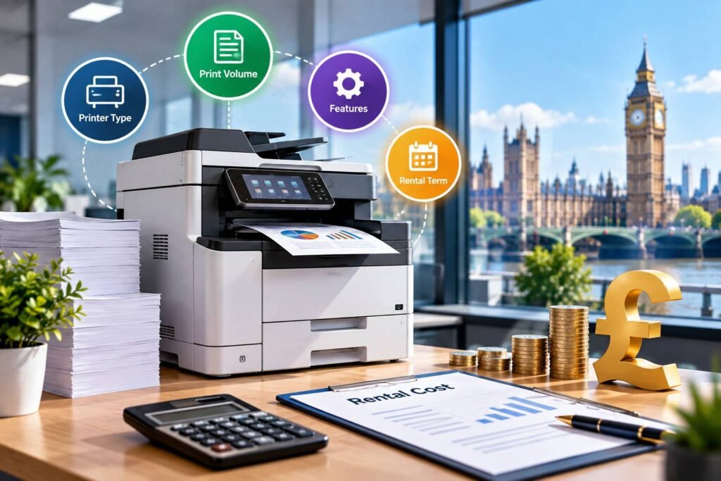 Business printer rental agreement on a desk next to a multifunction office printer