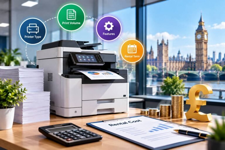 Business printer rental agreement on a desk next to a multifunction office printer