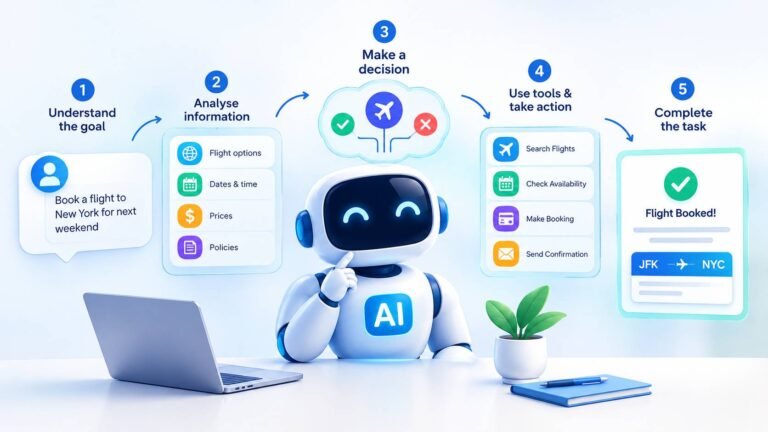 Flow diagram showing how an AI agent plans, picks a tool, observes the result, and decides whether to continue a task